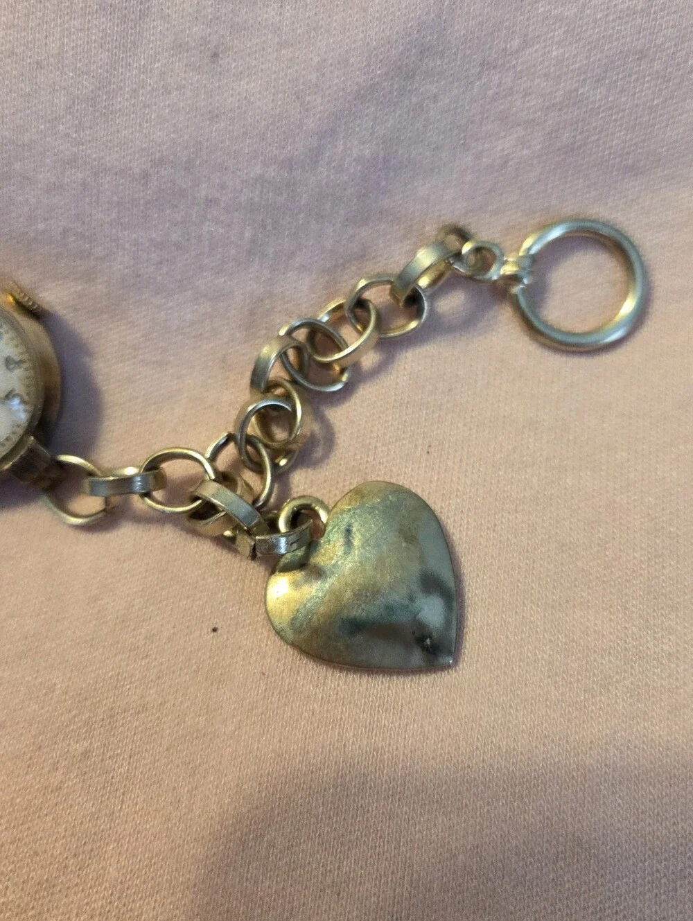 Vintage Gold Tone Charm Bracelet Watch with Heart Charm & Toggle Clasp, Mid-Cent